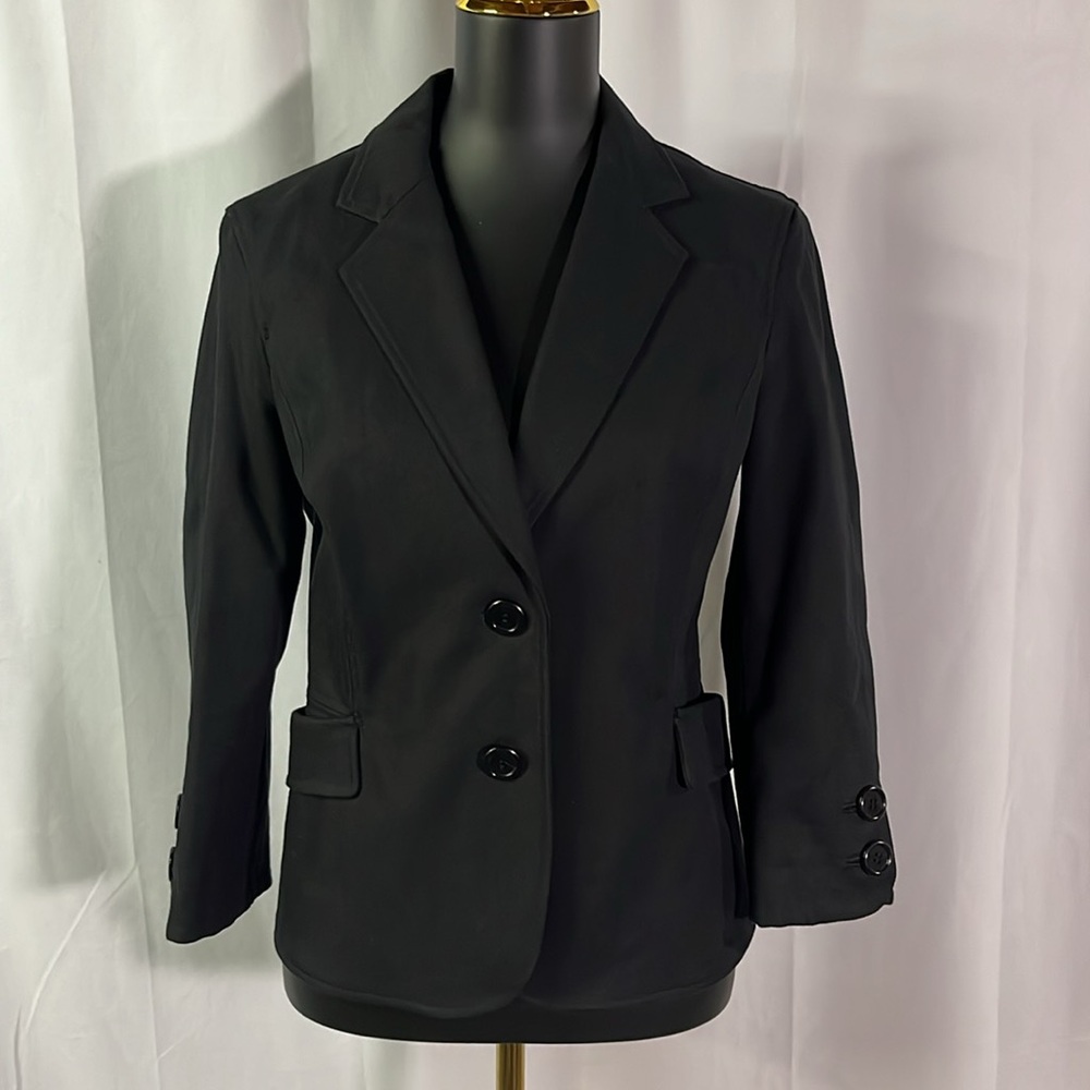 Nine West Black Button Front 3/4 Sleeve Cotton Blazer